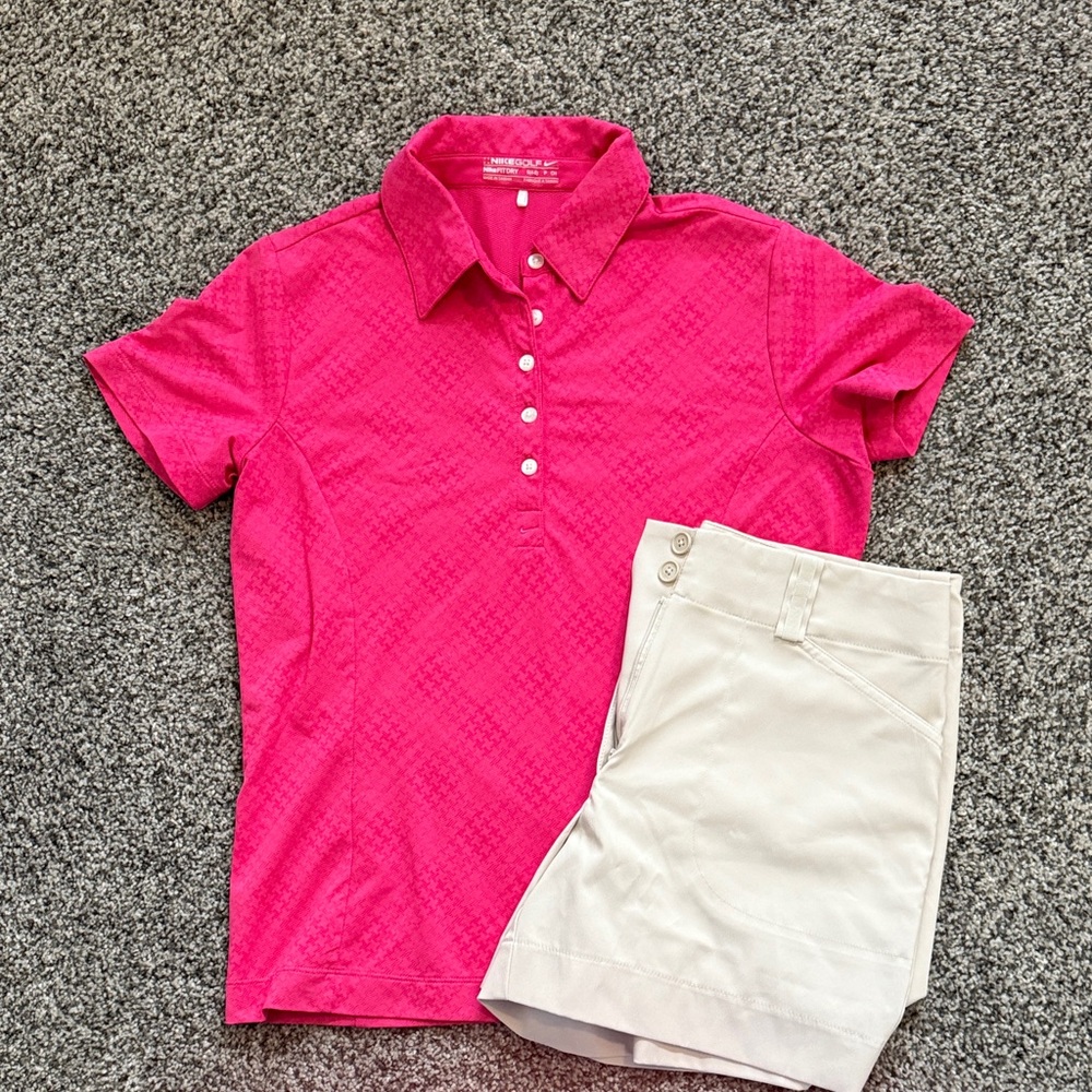 Nike FIT DRY Golf Pink Polo Shirt & Khaki Shorts